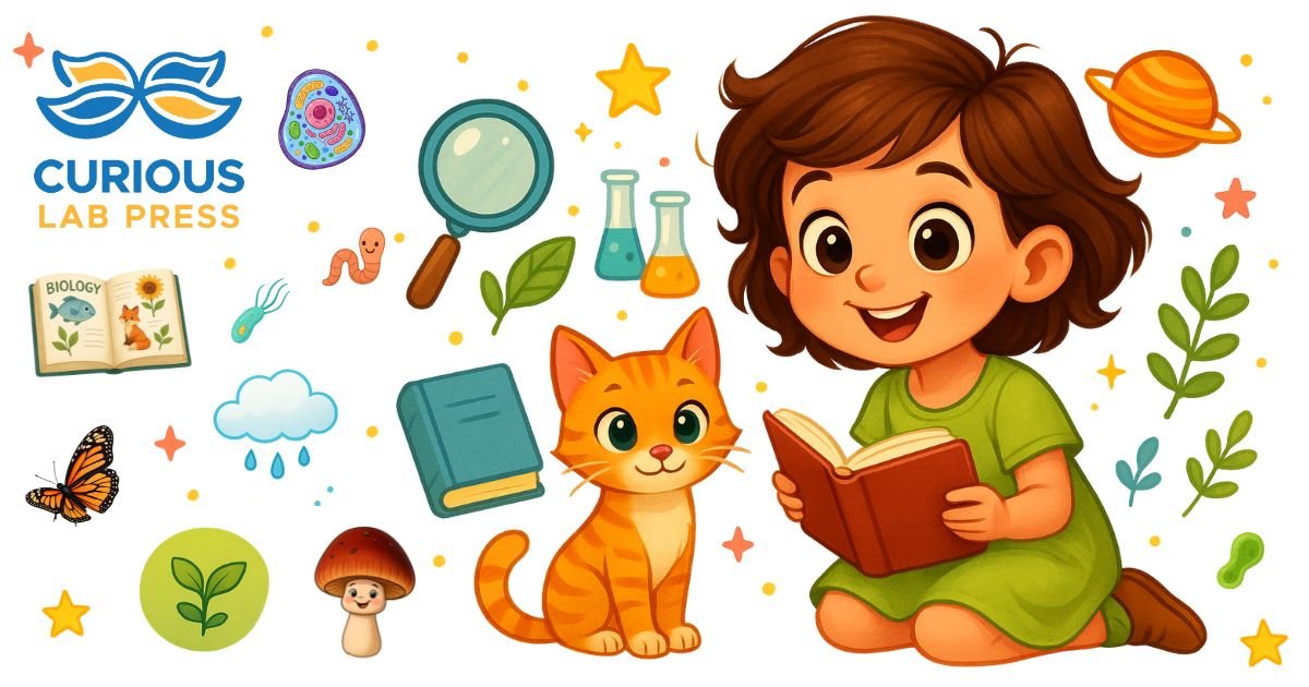 Sarah, una niña curiosa, lee un libro junto a su gato Nina, rodeada de elementos de biología y ciencia — ilustración de Curious Lab Press.