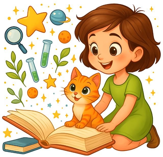 Ilustración de niña (Sarah) y gato leyendo un libro ilustrado de ciencia para niños, reforzando la curiosidad en los libros de Curious Lab Press.