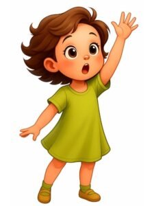 Ilustración de Sarah (niña exploradora) con los brazos en alto, representando la alegría y la misión de Curious Lab Press de inspirar la curiosidad.