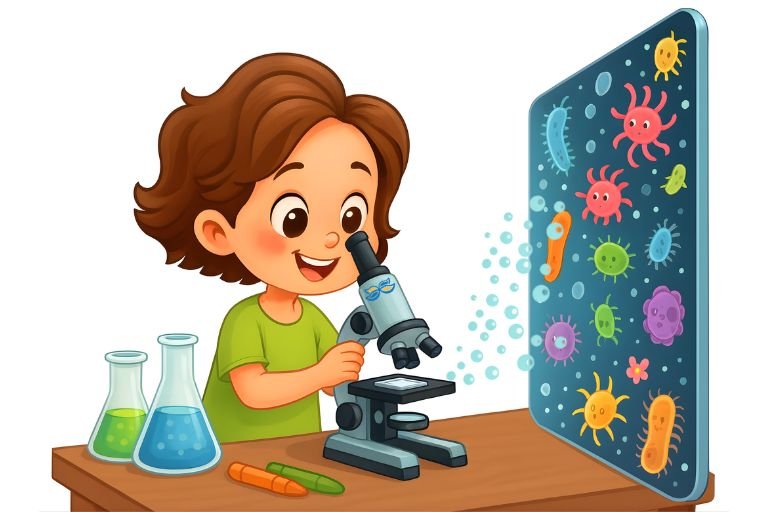 Ilustración de niña exploradora (Sarah) mirando en un microscopio con frascos de ensayo y microorganismos coloridos.