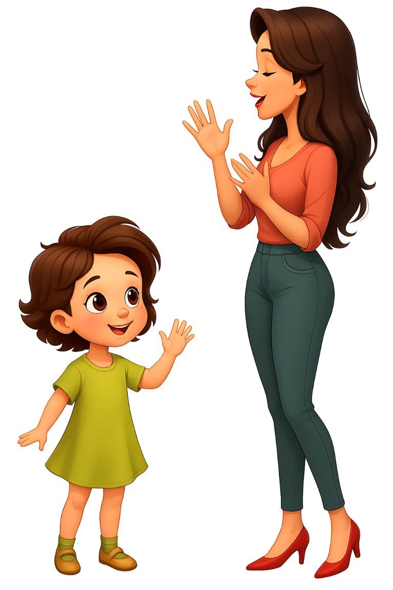 Ilustración de una niña (Sarah) y su madre, representando el aprendizaje familiar y la ternura en los libros de Curious Lab Press.