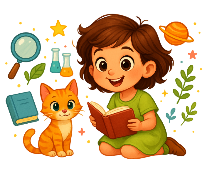 Ilustración de Sarah (niña) y su gato leyendo un libro rodeados de elementos de ciencia (lupa, planeta), representando los recursos educativos gratuitos de Curious Lab Press.