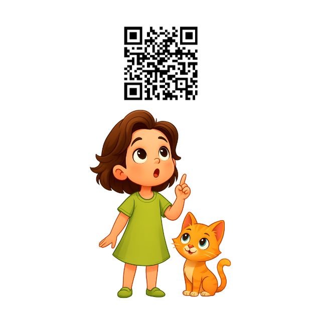 Ilustración de Sarah (niña) y su gato mirando curiosos hacia arriba, indicando un QR para descargar contenido extra de biología de Curious Lab Press.