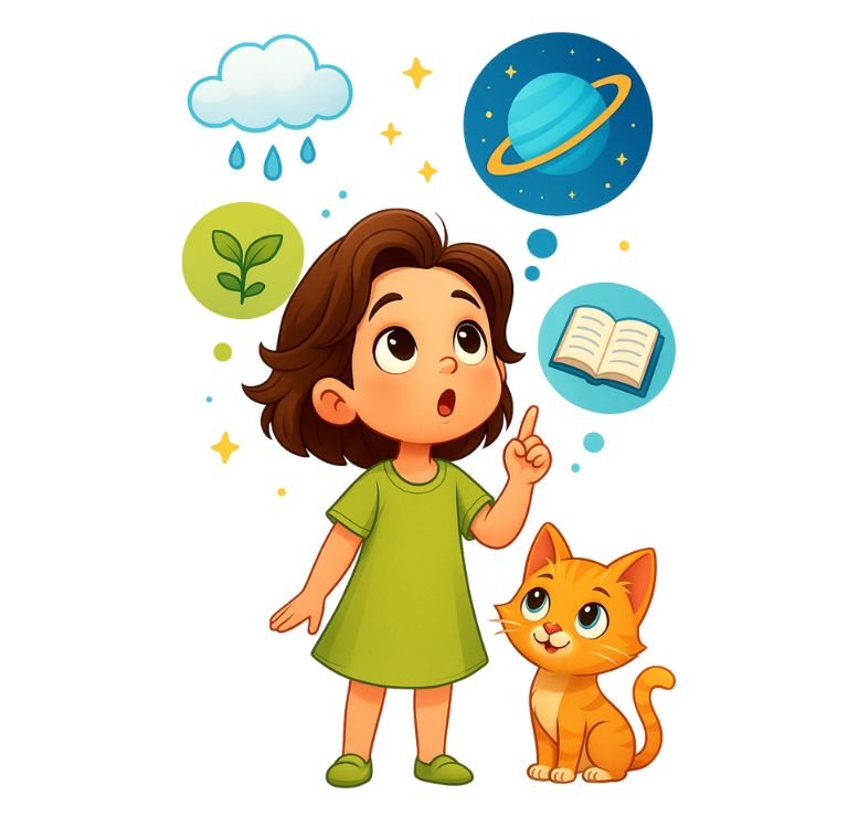 Ilustración de Sarah (niña exploradora) y su gato, pensando en conceptos de ciencia (naturaleza, planeta, libro), representando la Misión de Curious Lab.