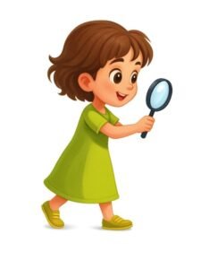 Ilustración de Sarah (protagonista) caminando y usando una lupa, representando su rol de exploradora y la búsqueda del conocimiento científico.