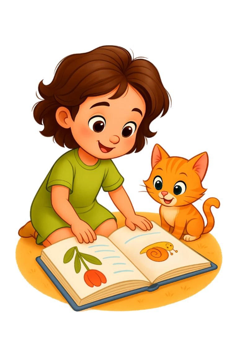 Ilustración de Sarah (niña exploradora) con su gato leyendo un libro de ciencia sobre un caracol, simbolizando la curiosidad y el descubrimiento.