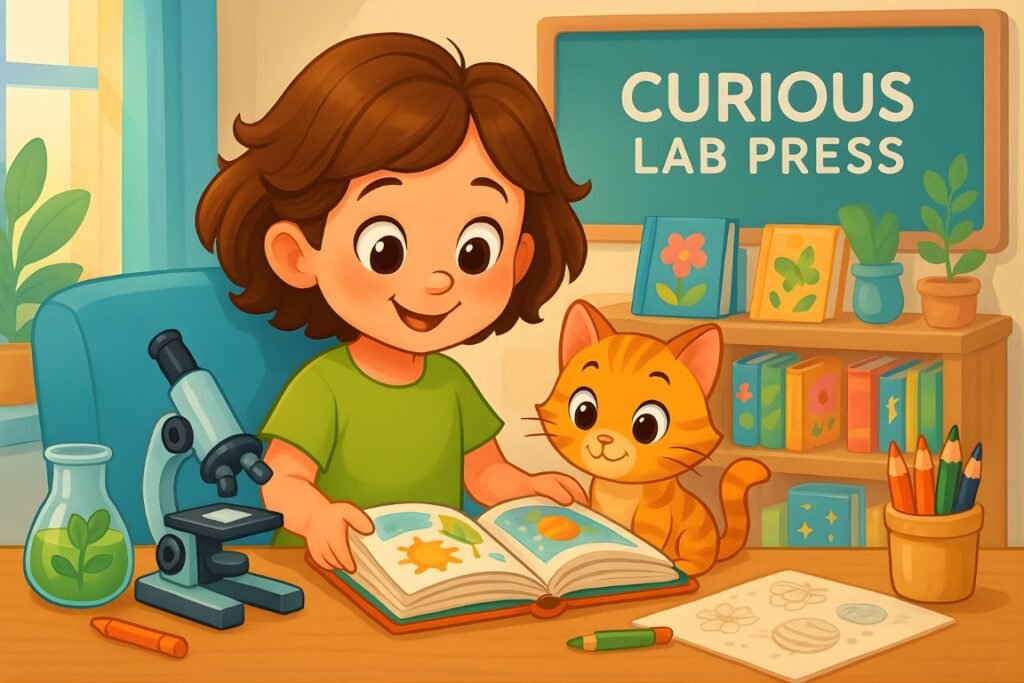 Sarah y la gata Nina, personajes de Curious Lab Press, leyendo un libro ilustrado de ciencia en un laboratorio cálido. Imagen de editorial de libros infantiles de ciencia bilingües.