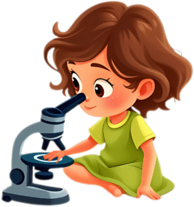 Ilustración de Sarah observando a través de un microscopio, personaje de Curious Lab Press.