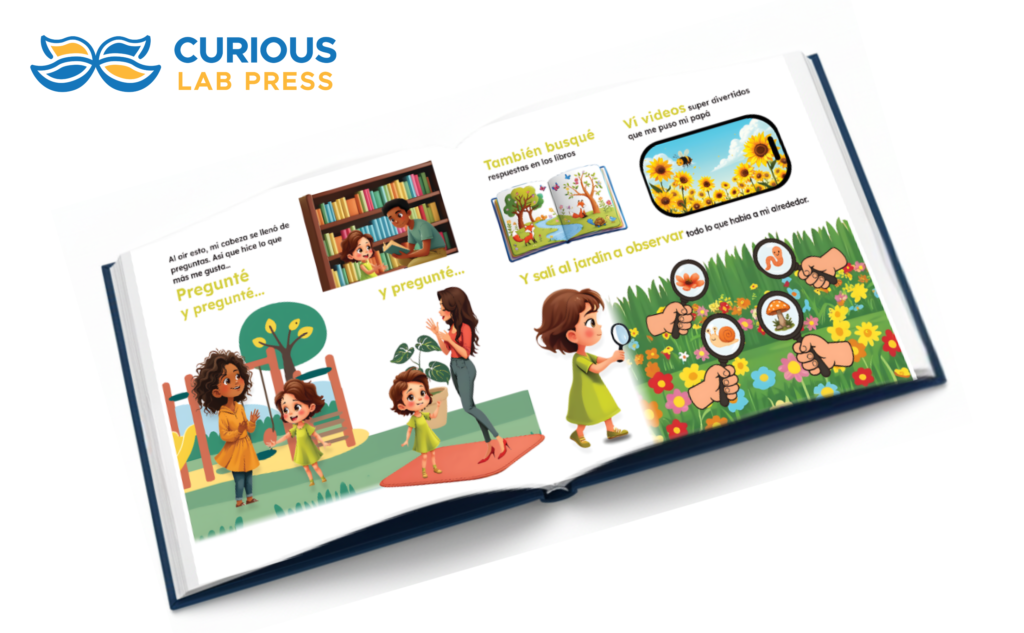 Niña observando la naturaleza con una lupa en un libro ilustrado, representando actividades de ciencia y observación para niños.