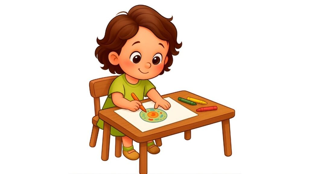 lustración de Sarah explicando qué es la célula a un niño de forma sencilla.