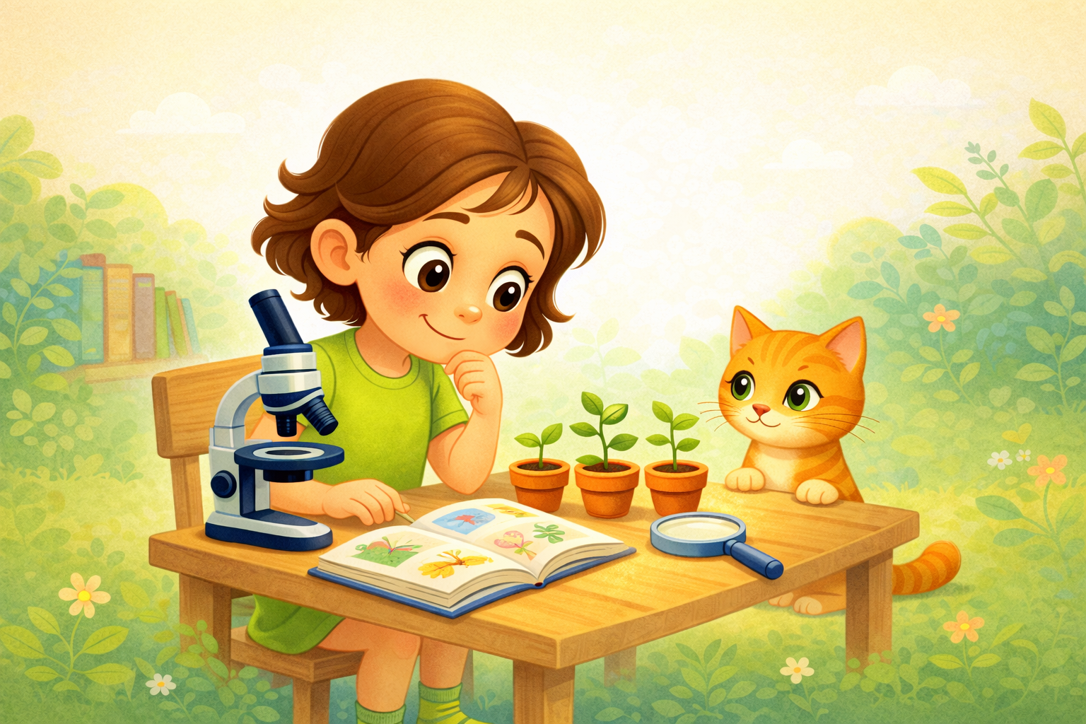 Ilustración de Sarah explorando la ciencia con un microscopio, una lupa, un libro y plantas creciendo en macetas.