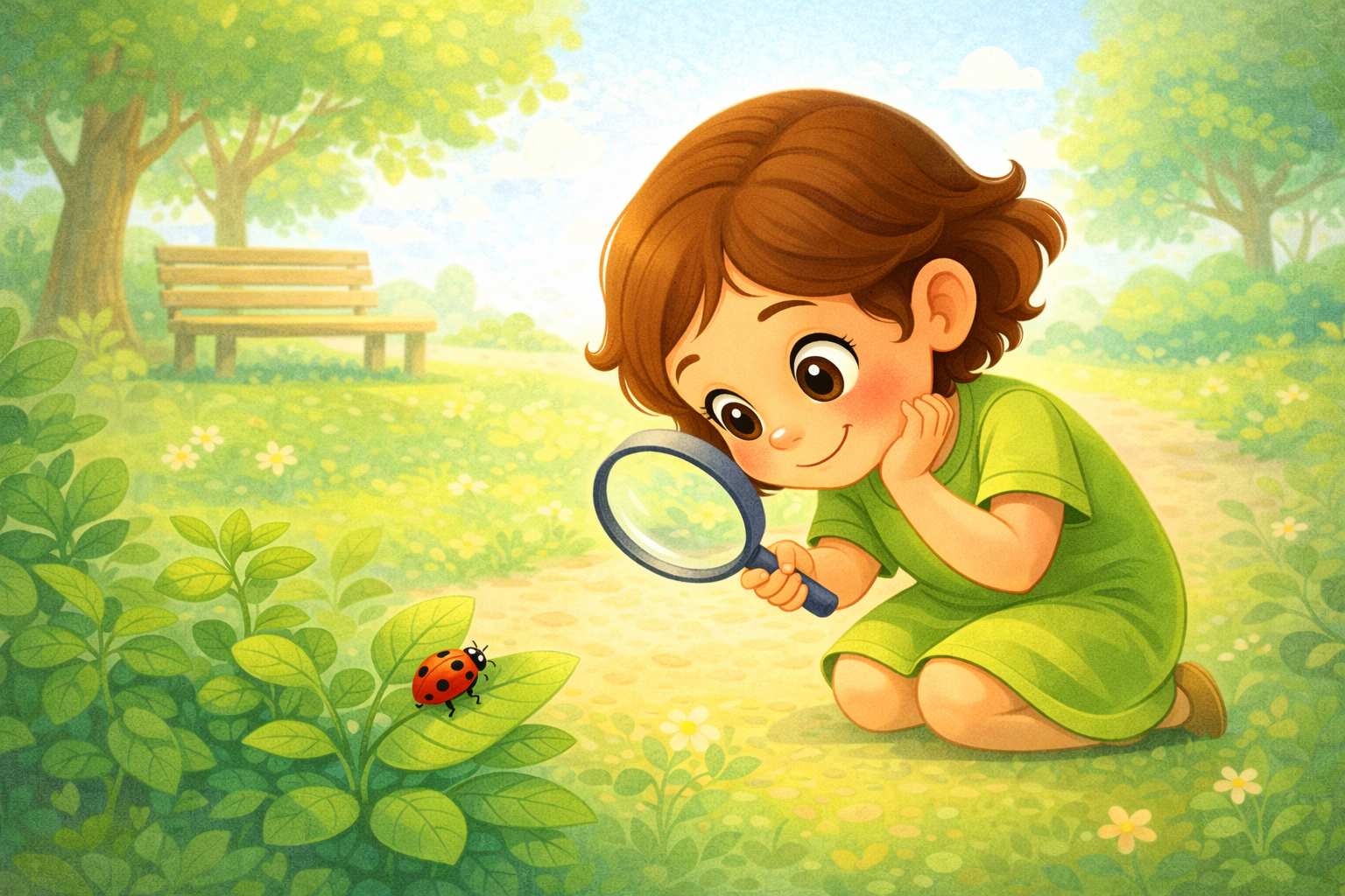 Niña observando un insecto con una lupa en el parque como actividad para despertar el interés por la ciencia
