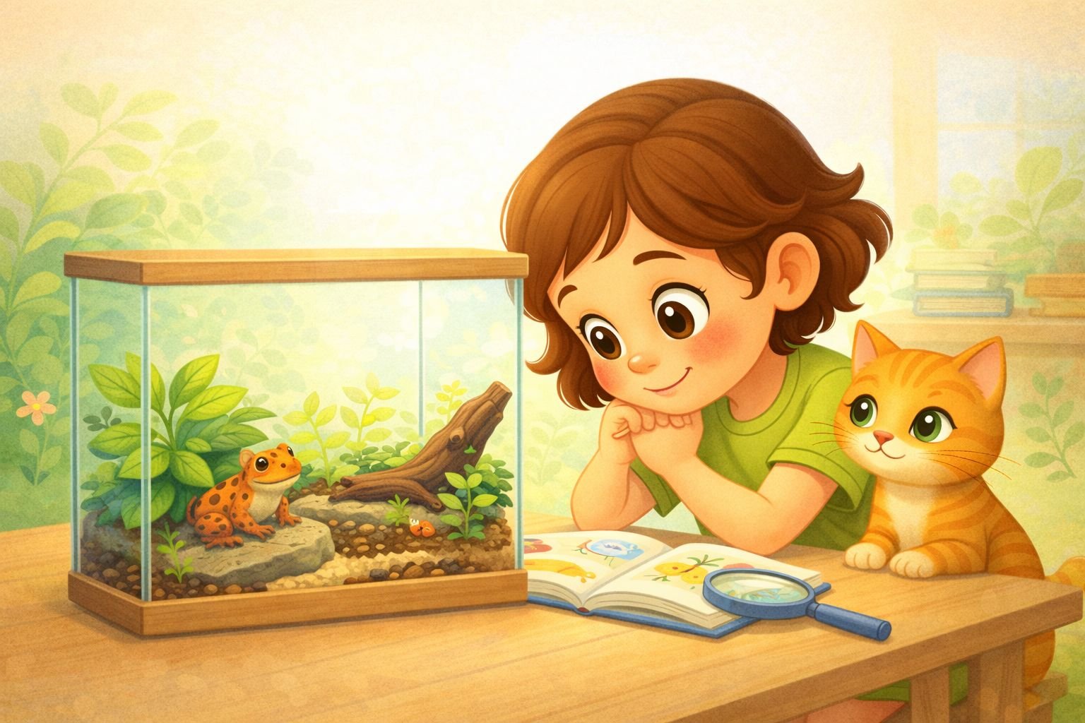 Niña observando un terrario con una rana como experimento de biología en casa.