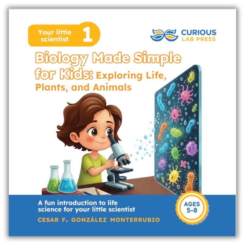 Biology Made Simple for Kids book cover with Sarah exploring cells under a microscope