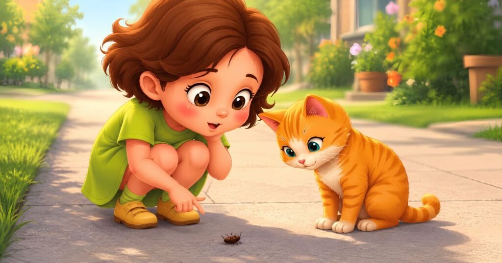 Sarah and her cat Nina looking closely at a bug on the sidewalk, curious and exploring — Curious Lab Press