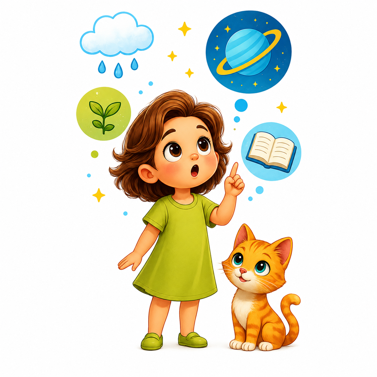 Sarah and her cat Nina looking up with curiosity, discovering science — Curious Lab Press