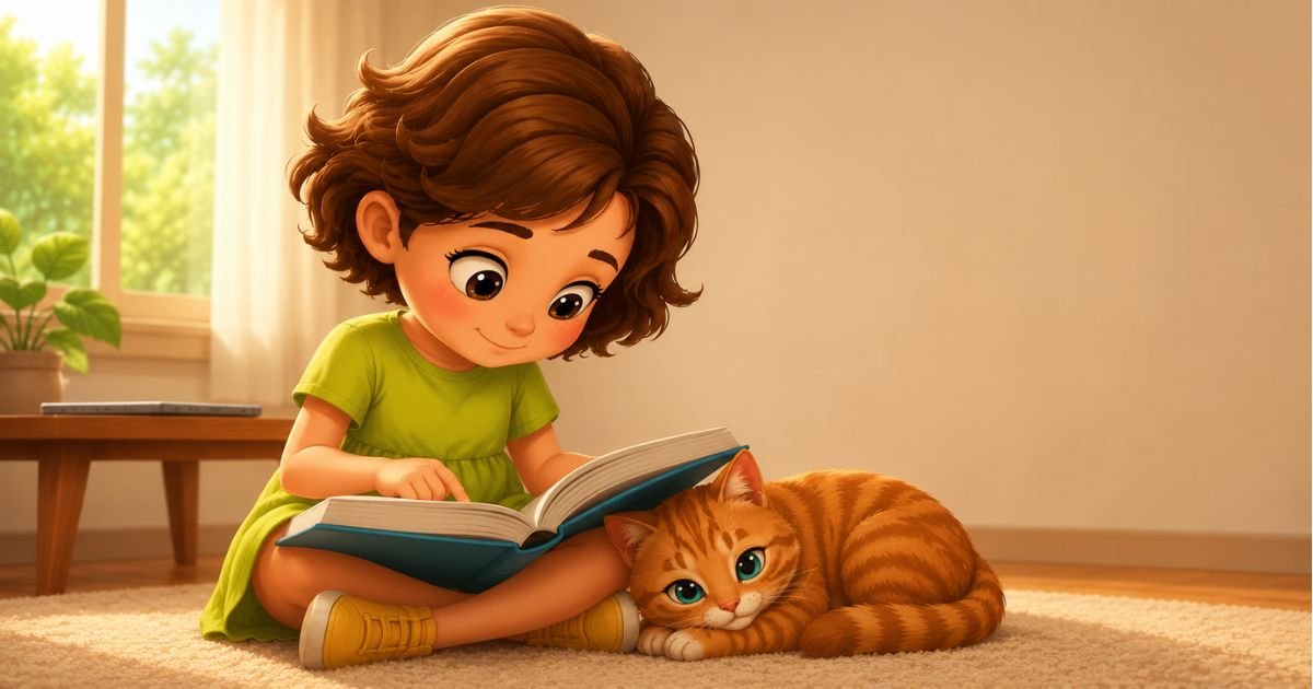 Sarah reading a science book for kids with her cat Nina, tablet set aside — Curious Lab Press
