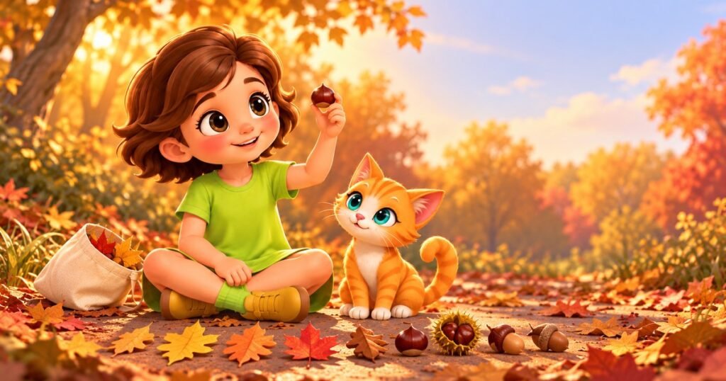 Actividades de otoño para niños: Sarah clasifica hojas y castañas en un paseo de otoño junto a su gatita Nina, Curious Lab Press